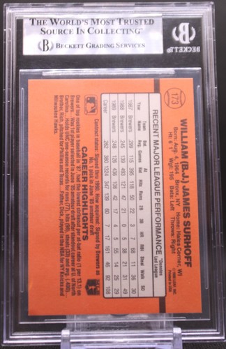 B.J. Surhoff #173 1990 Donruss Brewers IN PERSON AUTO BGS AUTHENTIC - Picture 2 of 2