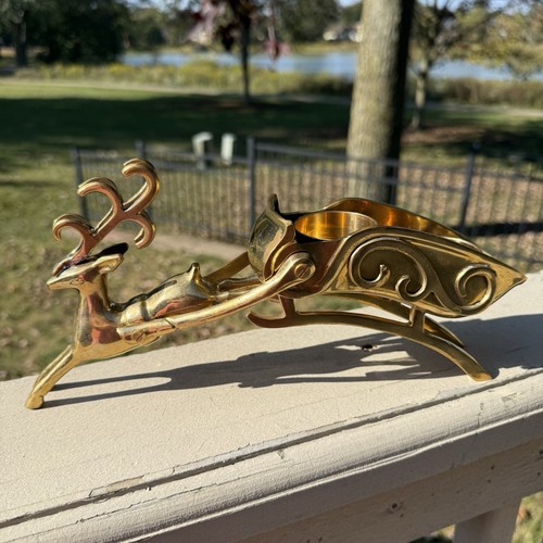 VTG Christmas Solid Brass Reindeer & Sleigh Votive Tea Light Candle Holder 11"L - Picture 2 of 16