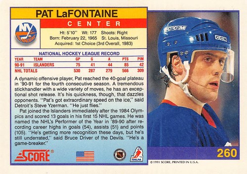 1991-92 Score American #260 Pat LaFontaine - Bild 2 von 2
