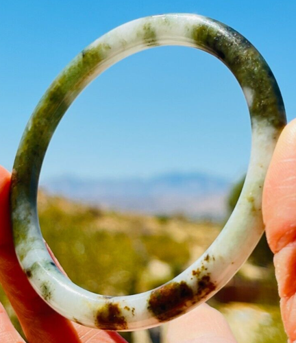 Green & White Burmese Type A Jadeite Bangle Authentic Natural Jade Bracelet 63mm - Picture 3 of 11