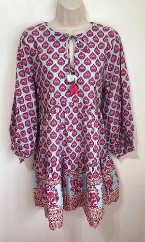 Zara Blue Paisley Kaftan Tunic Dress S 10 Holiday Tassel Tie Boho Hippie Folk