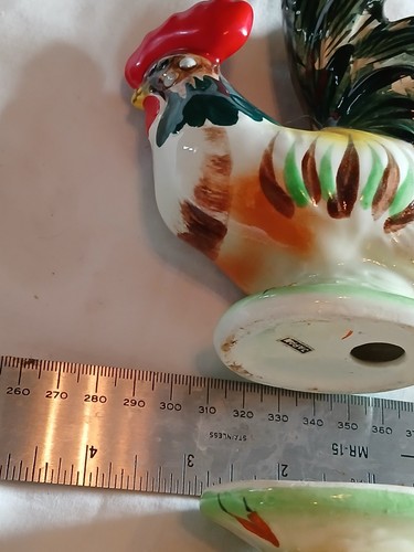 Juego de 2 pollos gallo de cerámica vintage pintados a mano helecho Japón 6" decoración de granja - Imagen 13 de 13