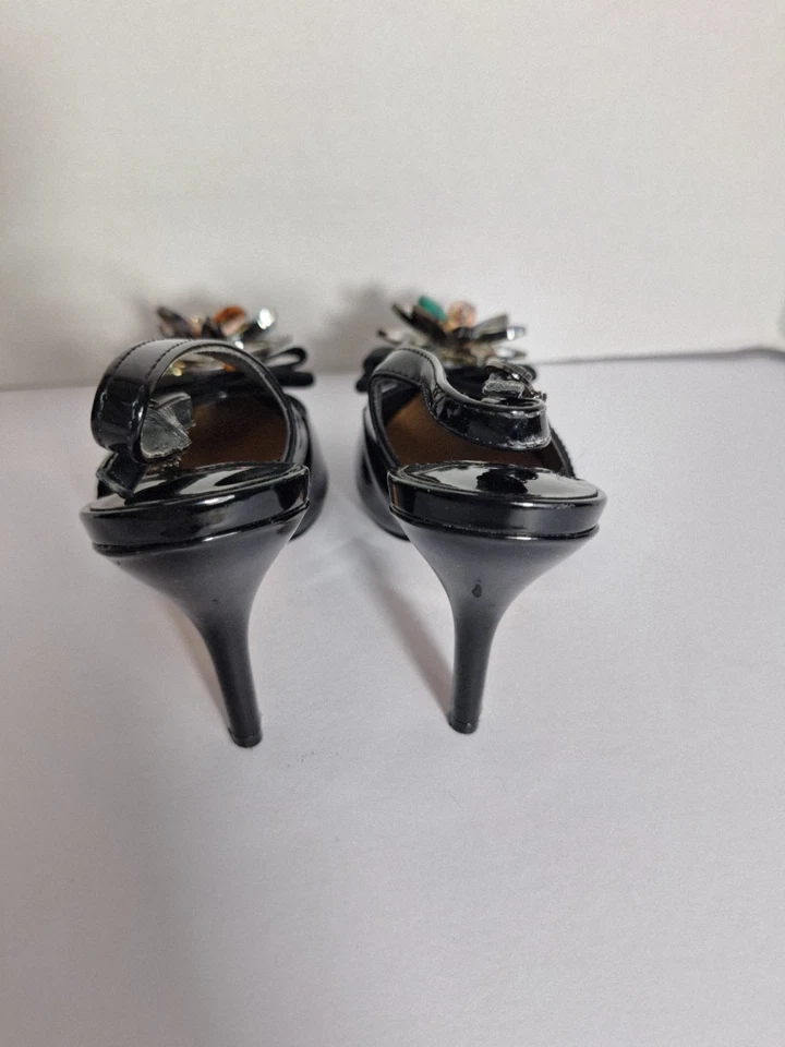 J. Renee Patent Leather Slingback Pumps Women's Sz 8 Black Bow Beaded Old Money - Image 3 of 4