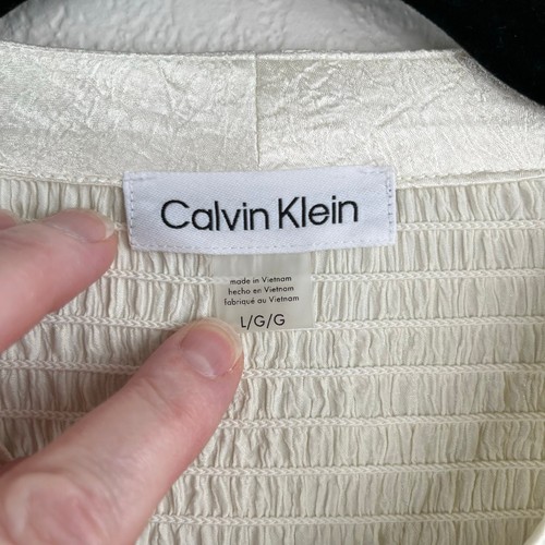 Calvin Klein Smock Textured Tie-Neck Ruffled Cream Long Sleeve Blouse Large NWT - Picture 4 of 16