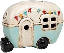 Image of Retro Ceramic Caravan Money Box By Village Pottery Aqua Blue