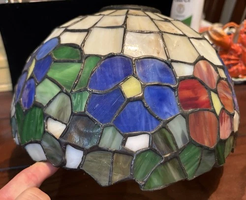 Vintage 12” Floral Print Stained Glass Pendant On Table Lamp Shade