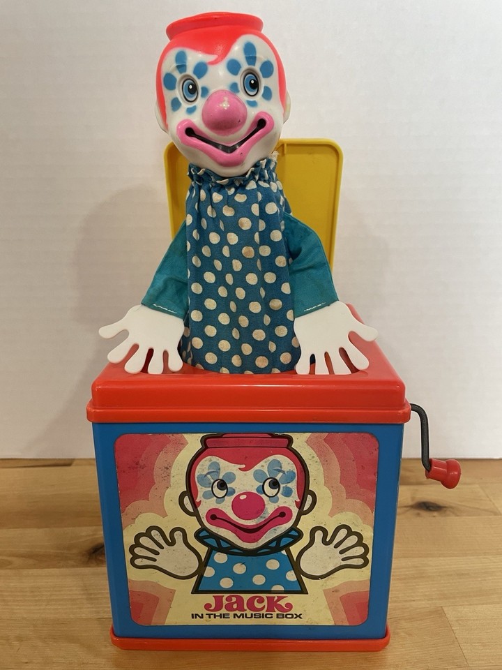 A working Mattel vintage Jack-in-the-Music-Box toy clown — a rare find in working condition that hits peak nostalgic childhood toy territory.