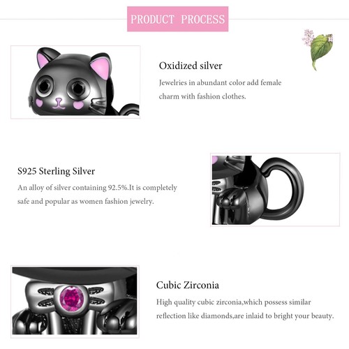 Cute Black Cat Charm S925 Sterling Silver Charms for Bracelets with 5A Cubic Zir - Picture 4 of 5