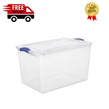 Stackable Plastic Tote Box Storage Containers Bin 66 Quart, Blue Latches