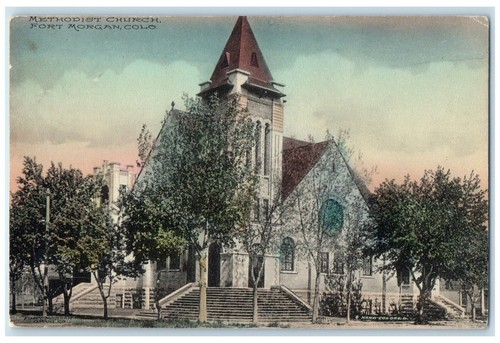 c1910's Methodist Church Scene Street Fort Morgan Colorado CO Antique Postcard - Afbeelding 1 van 2