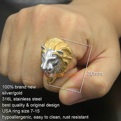 SilverCloseOut Stainless Steel Lion Head Ring - Royal Lion Design, Sizes 8 To 16, Gift Box Included