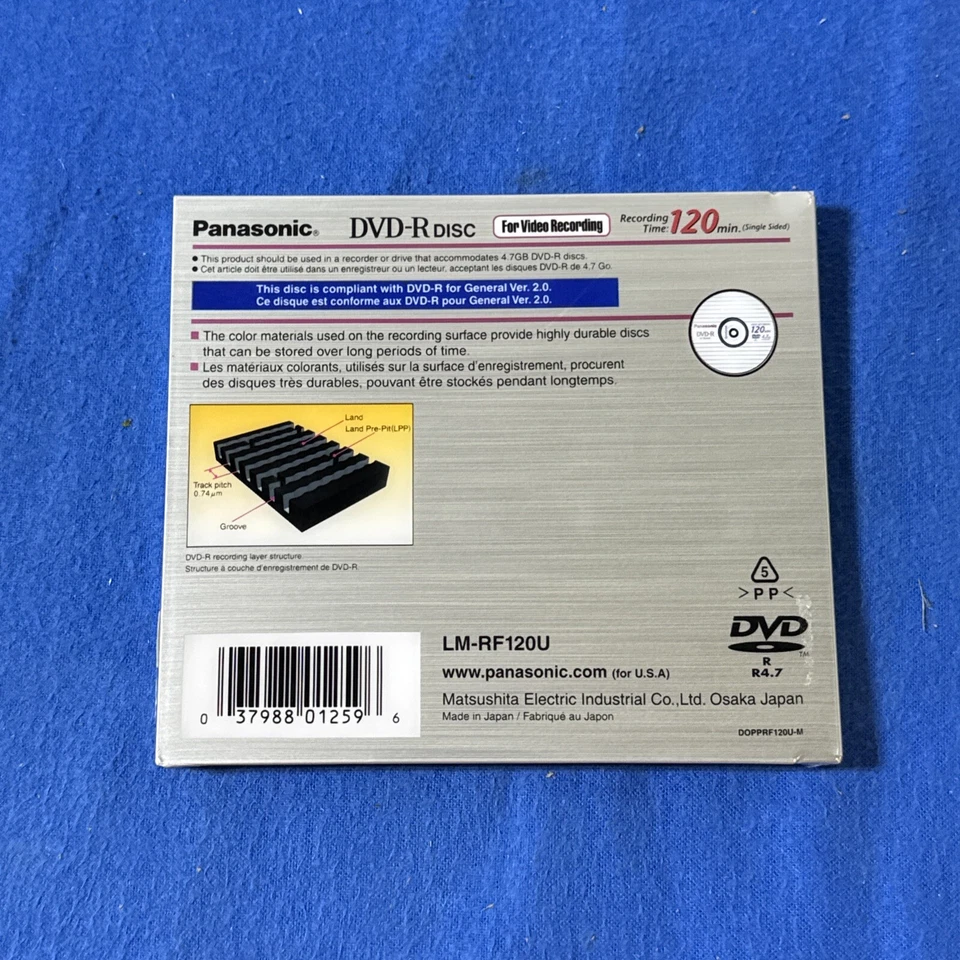 Disco Panasonic DVD-R 120 min 4,7 GB grabación de vídeo LM-RF120U nuevo sellado de fábrica Foto 2 de 2