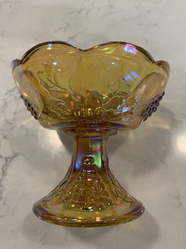 Vintage Carnival Glass Pedestal Candle Holder Iredescent Marigold Amber/Gold - Picture 3 of 9