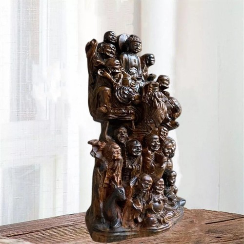 16cm Hand Engraving Indonesia Wild Agarwood Eighteen Arhats Fengshui Decoration - Picture 10 of 15