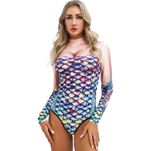 Women's One Piece Long Sleeve Rash Guard Swimwear Mermaid Swimsuit Bathing Suit - Picture 32 of 41