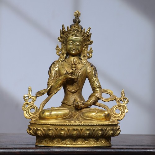 Antica statua Buddha Vajrasattva bronzo dorato tempio buddismo tibetano 8,3" - Foto 1 di 9