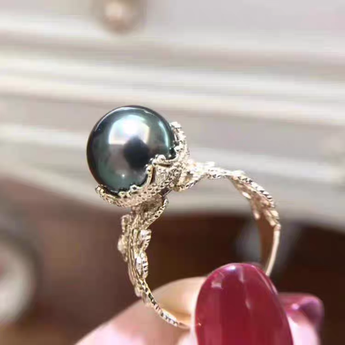 HUGE AAA 11-10 mm Genuine Natural South Sea black round Pearl Ring 925S - Picture 3 of 4