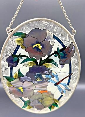 Amia Pansies Dragonfly Hand-Painted Oval Glass Suncatcher 5-1/4'' X 7'' 