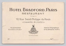 Hotel Bradford Elysees Restaurant Business Card with Map Paris France