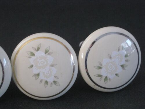 Vintage Gold Trim Ivory Porcelain White Floral Drawer Pulls Cabinet Knobs 6 Pcs - Picture 7 of 17