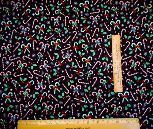 Christmas Fabric 1 1/4 Yard Candy Canes Snow Holly Black Premium Cotton #30 BH - Picture 2 of 2