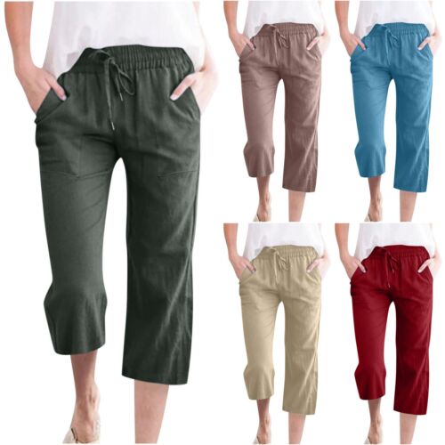 Women Casual Summer Solid Autumn Aroma Linen Loose Lounge Cropped Capri Pants