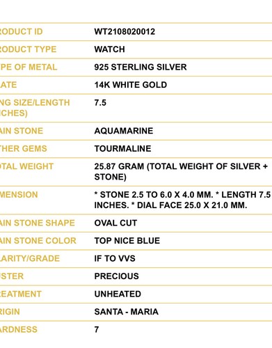 100 % natürlicher unbeheizter blauer Aquamarin & Turmalin 925 Silber Uhr 7,5 Zoll - Bild 5 von 11