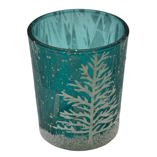 Handgefertigte, türkisfarbene Teelicht Kerzenhalter aus Glas mit glitzernden Bäumen - 2er Set - Bild 3 von 4