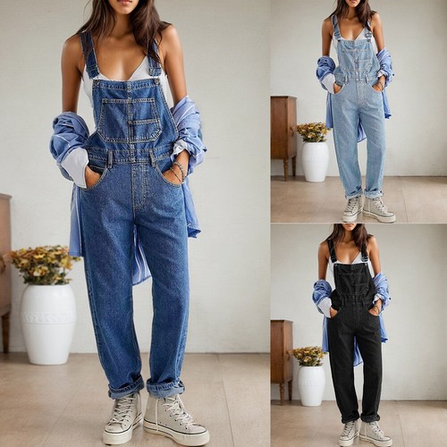 Damen Latzjeans Latzhose Denim Jumpsuit Baggy Overalls Jeanshosen Trägerhosen DE - Bild 2 von 20