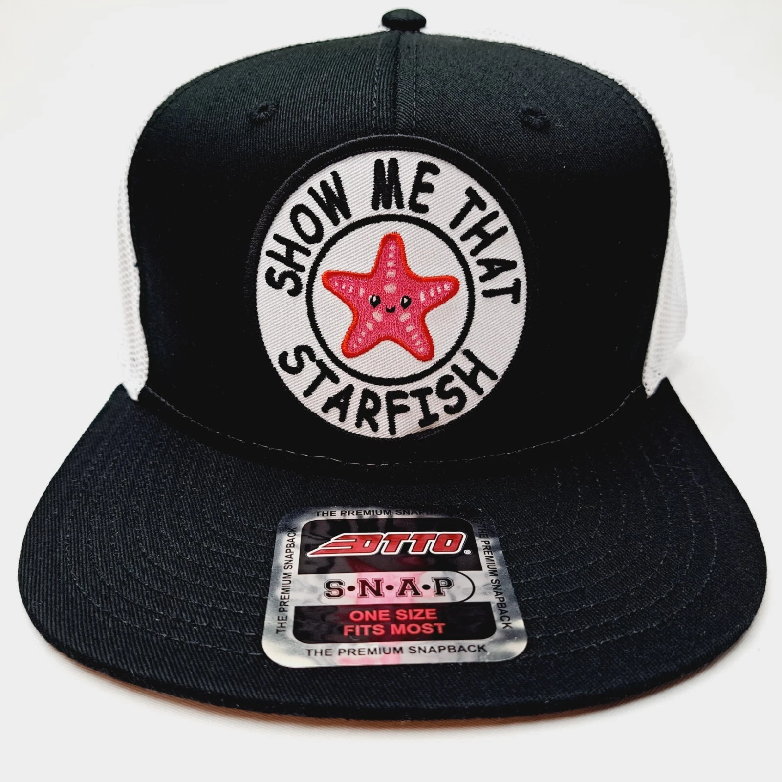 Show Me That Starfish Embroidered Patch Flat Bill Trucker Mesh Snapback Cap
