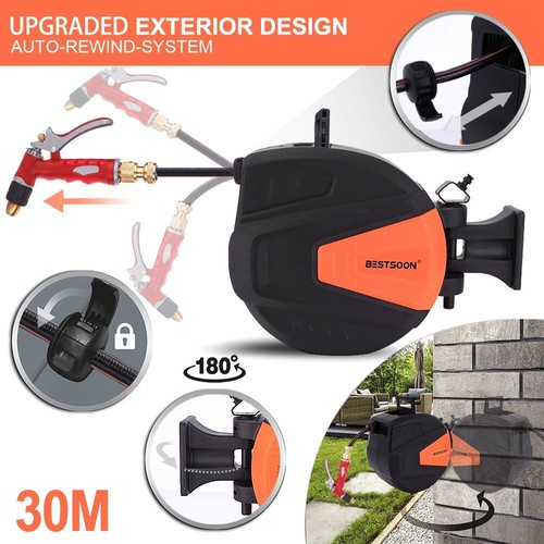 30M Retractable Garden Water Hose Reel Brass Gun Spray Gun Rewind Wall Mount - Picture 6 of 12
