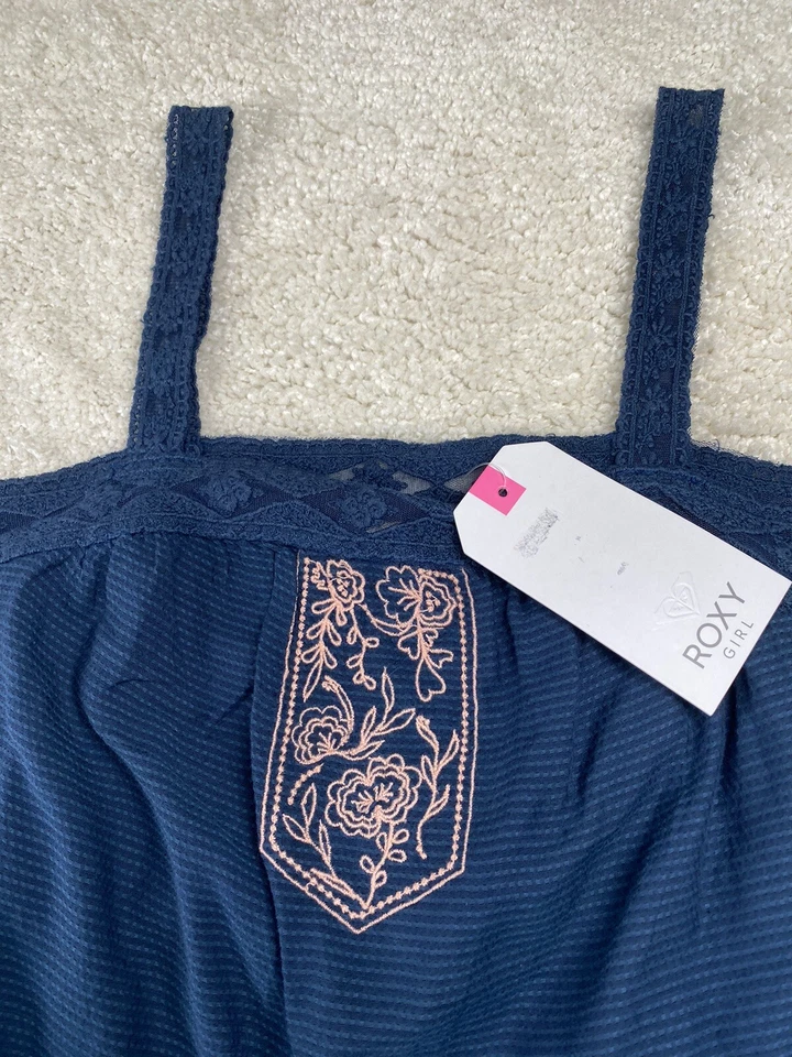 Vestido Roxy Niña Niñas Talla 12 L Azul Blanco Bordado Playa Solero Lote 2 NUEVO Foto 4 de 4