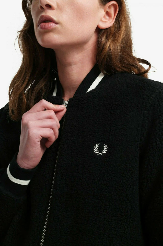 FRED PERRY WOMENS BORG TEDDY FLEECE BOMBER JACKET BLACK UK 6 RRP £125 BNWT!!! - Image 2 of 4