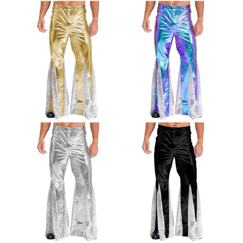 Men's Shiny Metallic 70s Disco Long Pants Retro Flared for Dance Party Trousers - Picture 6 of 66