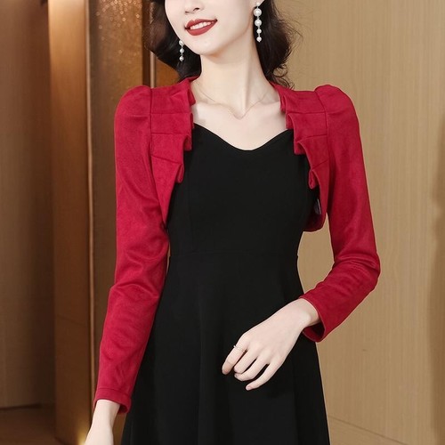 Damen Crop Top Kunst Wildleder Mantel Cardigan Achselzucken Bolero Jacke Bankett Abend Party - Bild 8 von 14