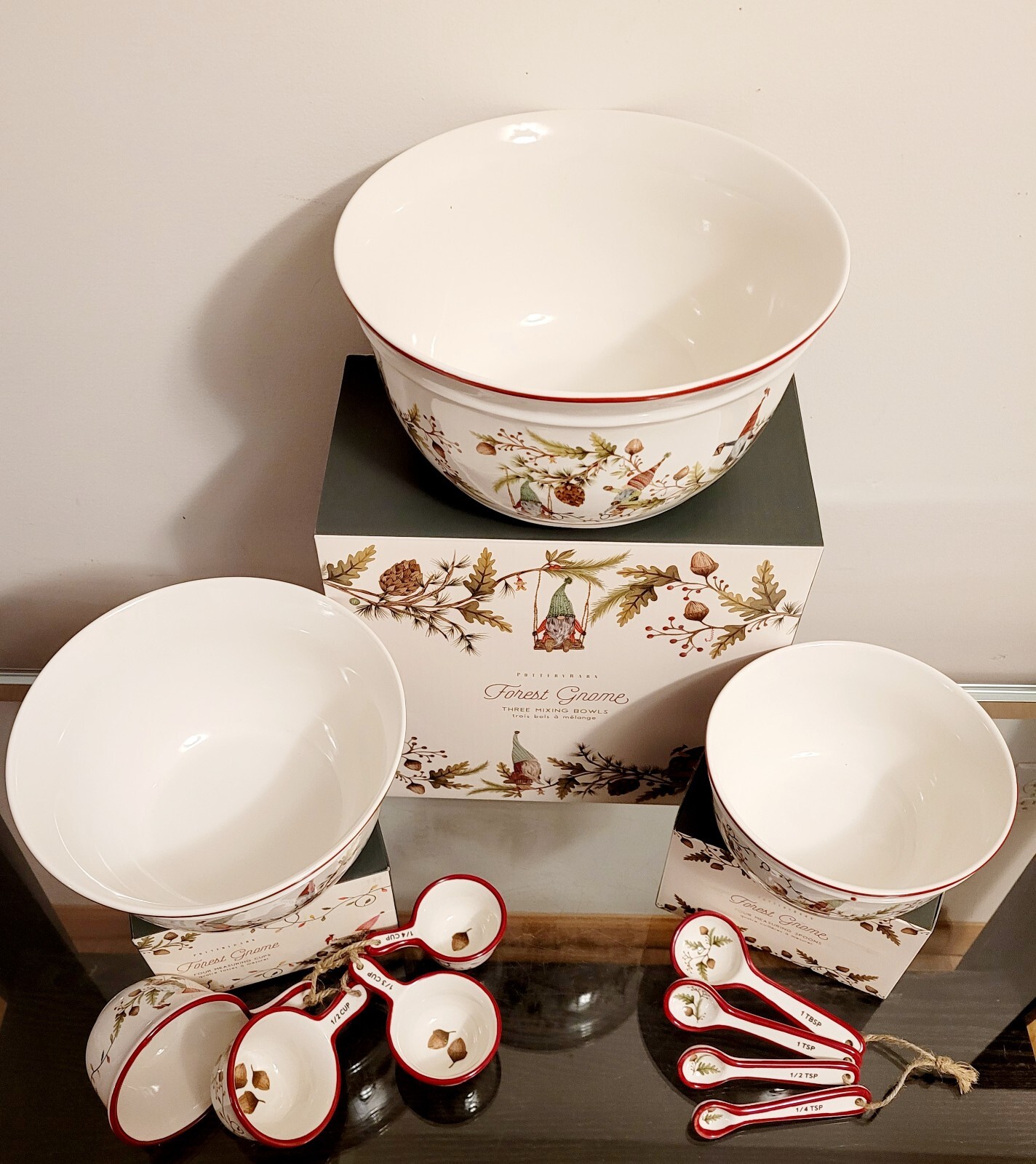Pottery Barn Forest Gnome Mixing Bowls Measuring Cups & Spoons Baking Set NEW