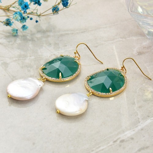 Cultured White Keshi Pearl Green Crystal Cz Pace Hook Dangle Earrings For Lady - Picture 2 of 6