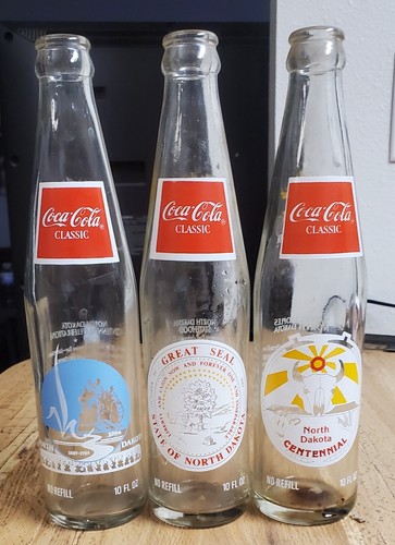 Lot 3 Coca Cola Coke Glasflaschen North Dakota Centennial 10oz 1889 - 1989
