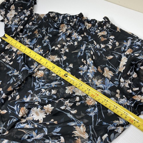 Dream House Sz 10 Sheer Tie Front Blouse Top High Neck Long Sleeve Black Floral - Picture 9 of 11