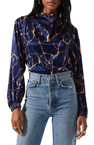 ASTR The Label Women's Veronica Cutout Cowl Neck Long Sleeve Satin Blouse Top