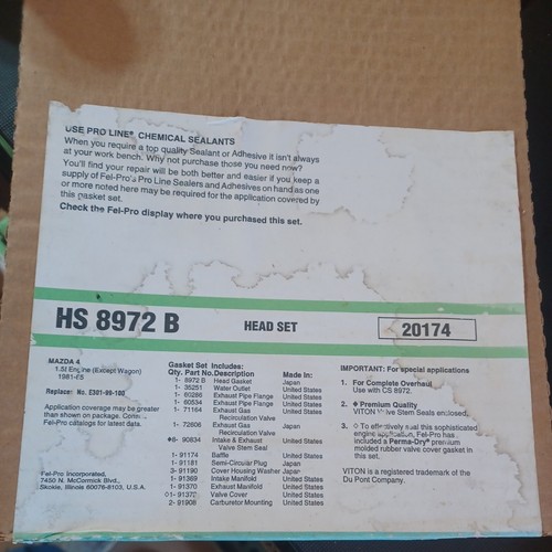 Juego de juntas de culata de motor FelPro HS 8972 B para Mazda 1981-85 1,5 L 20174  - Imagen 1 de 3