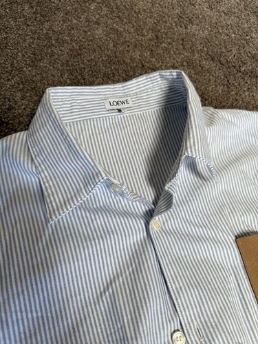 Loewe Blue Striped Cotton Button Down Shirt sz 40 (Large) - Brown Suede Pocket - Bild 5 von 12