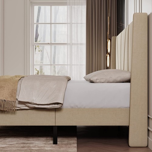 Queen Size Platform Bed Frame with Geometric Headboard and Wingback,Beige - Picture 8 of 10