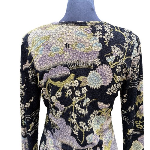 KAREN KANE Y2K BLACK ASIAN FLORAL STRETCH TOP V-NECK LONG SLEEVE MED GRUNGE GOTH - Picture 8 of 13
