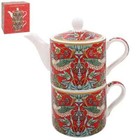 William Morris Red Strawberry Thief Tea Set For One Tea Pot Cup Saucer Gift Box