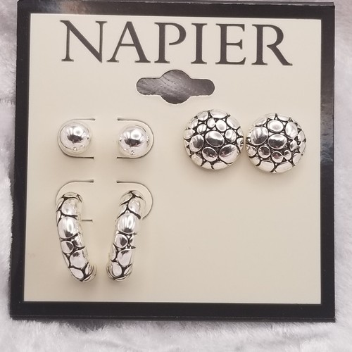 Napier 3 Pairs Silver Tone Pierced Earrings Set Half Hoops Stud Earrings NWT - Picture 3 of 13