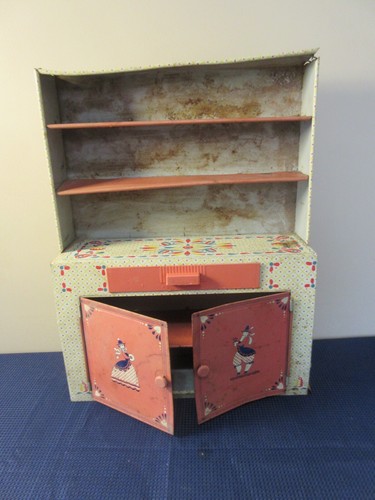 Vtg. 1950's Ideal Toy Co. Tin Lith Toy Kitchen Cream/Pink Dutch Graphic 16x21x5