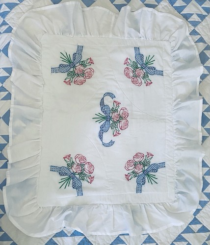 Pillow Sham White Embroidered With Roses Cottage Core  100% Cotton 20” X 25” - Picture 2 of 11