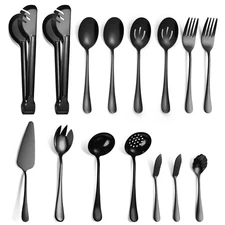Black Buffet Catering Utensils - 15 Piece Set, Large Spoons, Slotted Spoons, ...