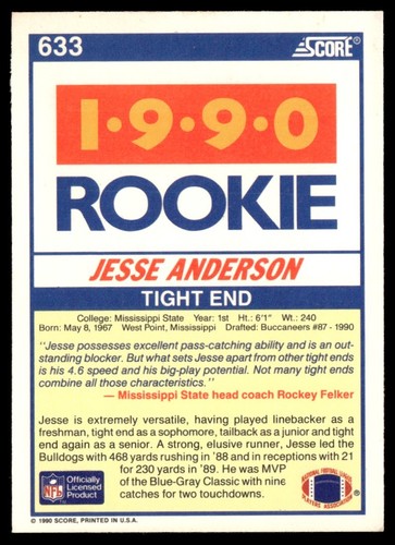 1990 Score Jesse Anderson Rookie Tampa Bay Buccaneers #633 - Picture 2 of 2